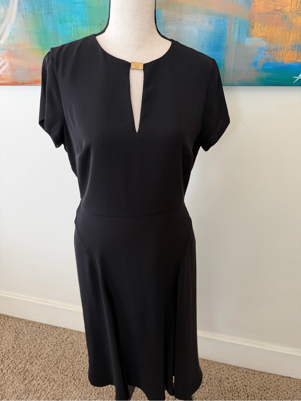 Ralph Lauren Black Label Georgette Black Midi Dress Split Neck Gold Hardware 2